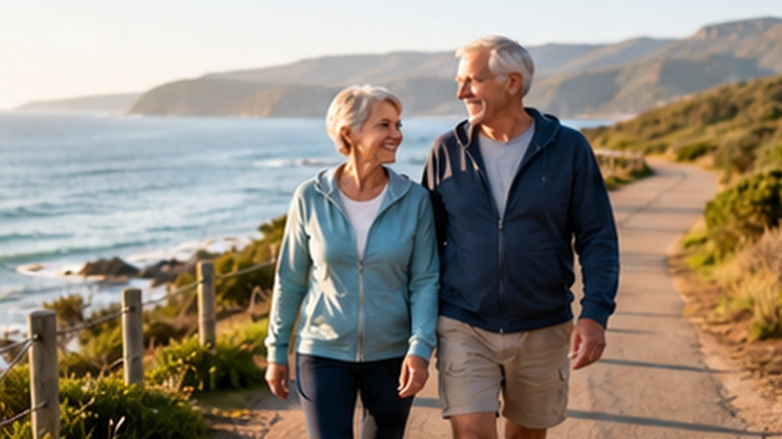 Older Australian couple walking together beside the coast in warm morning light.