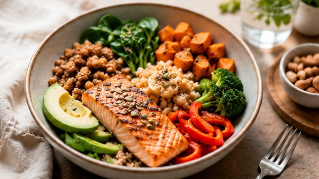 Colourful bowl with salmon, wholegrains, avocado and mixed vegetables on a wooden table.