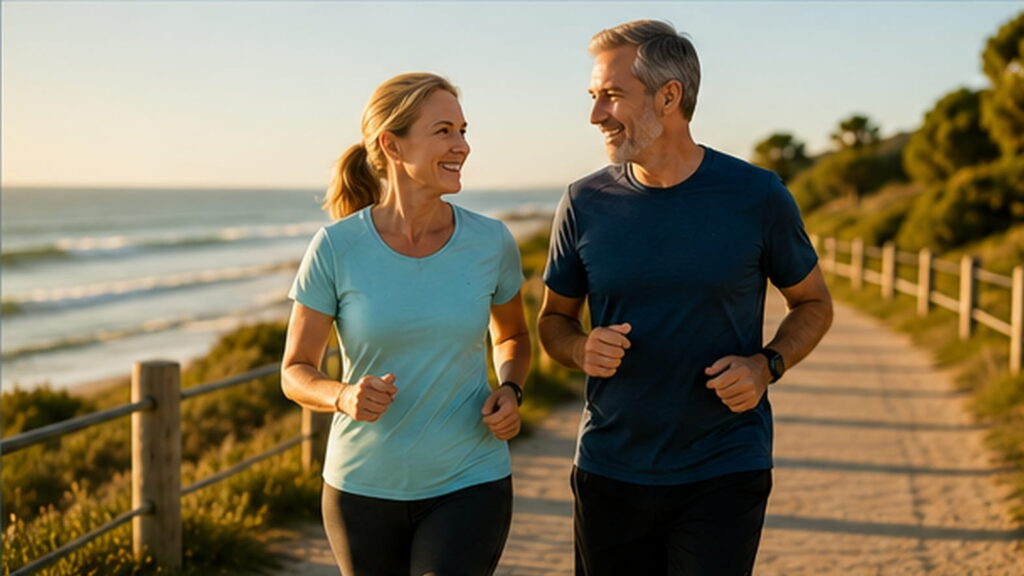 Middle-aged Australian couple jogging together on a coastal path in warm morning light.