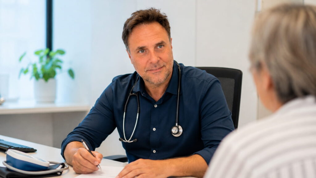 Australian GP speaking with an older patient during a calm consultation in a modern medical clinic.