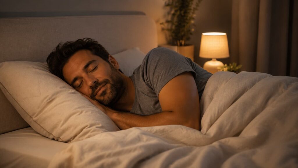 Middle-aged Australian man sleeping peacefully in a calm bedroom at night.