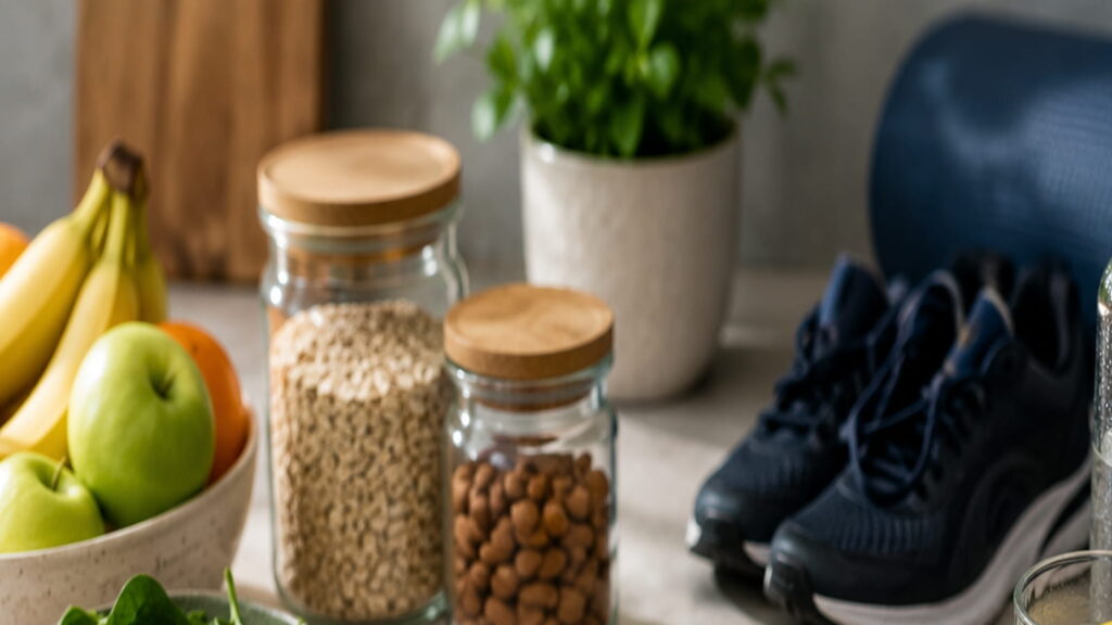 Colourful balanced meal beside running shoes and a water bottle in a bright modern kitchen.