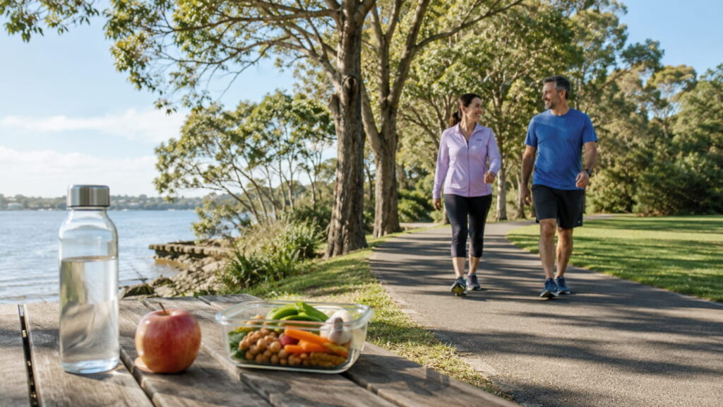 Healthy lunch and water beside a scenic waterfront walking path as two adults walk outdoors in daylight.