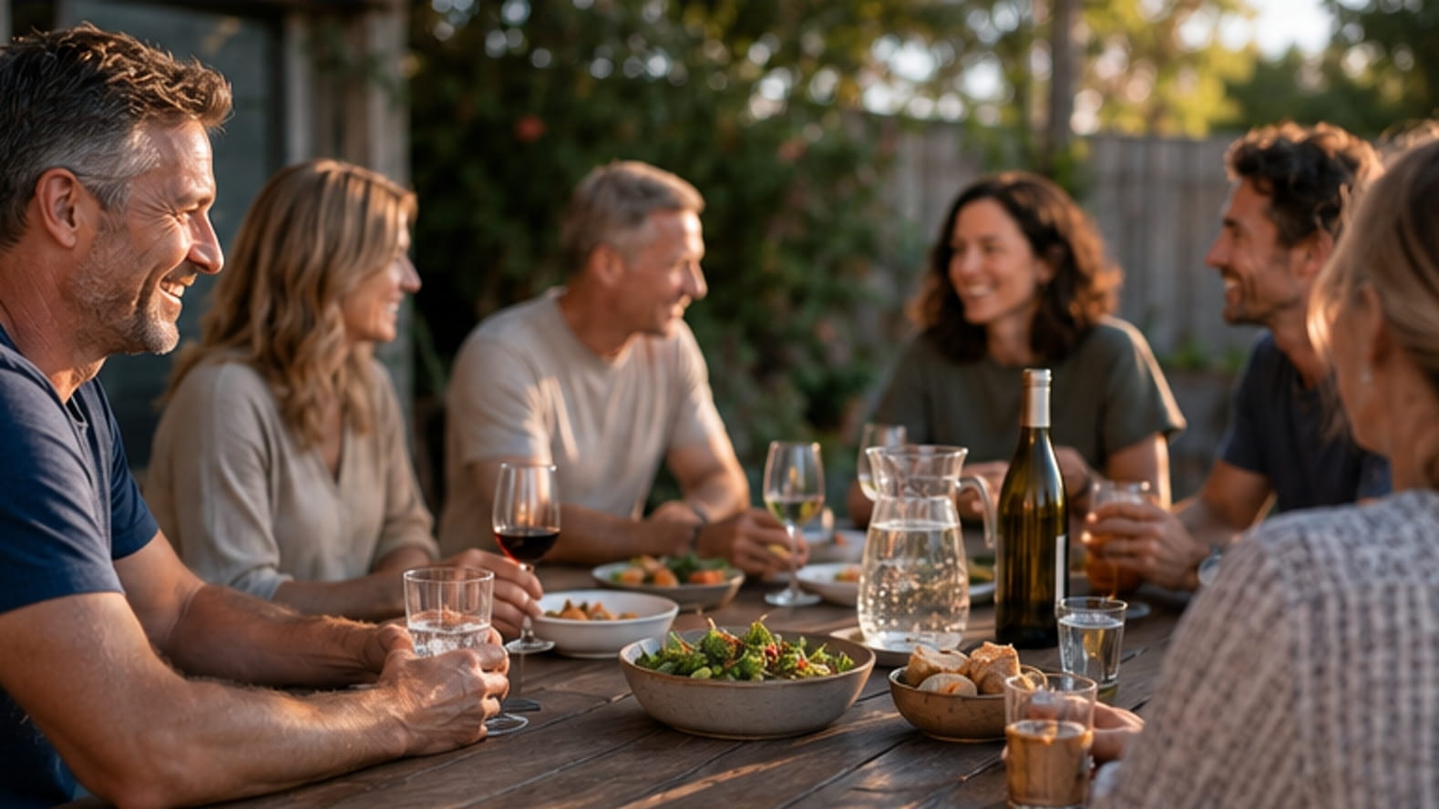 Group of adults sharing an outdoor meal, with water and alcoholic drinks on the table in warm evening light.