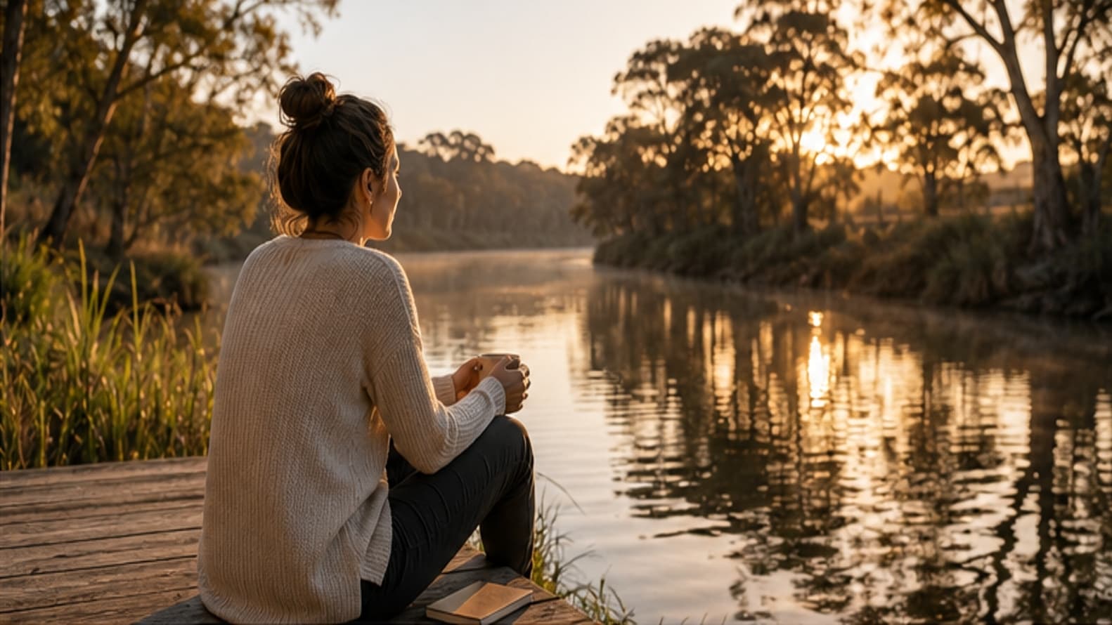 Woman sitting quietly beside an Australian river at sunset, holding a warm drink and looking across the water.