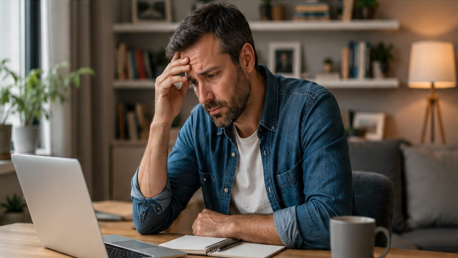 Worried adult man sitting at a home desk beside a laptop, resting his hand against his forehead.