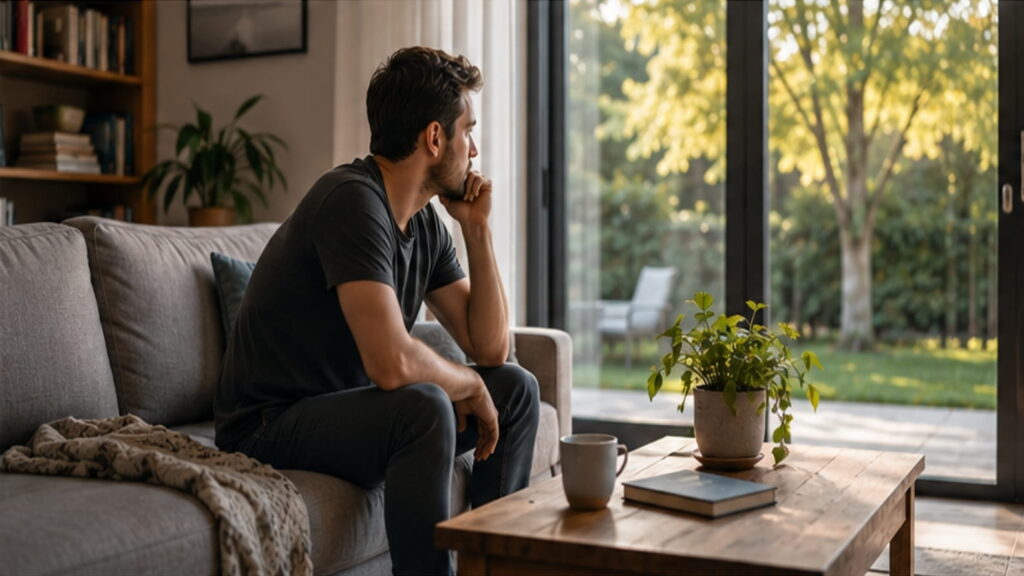 Adult man sitting alone on a sofa looking into a sunlit garden, appearing withdrawn and thoughtful.
