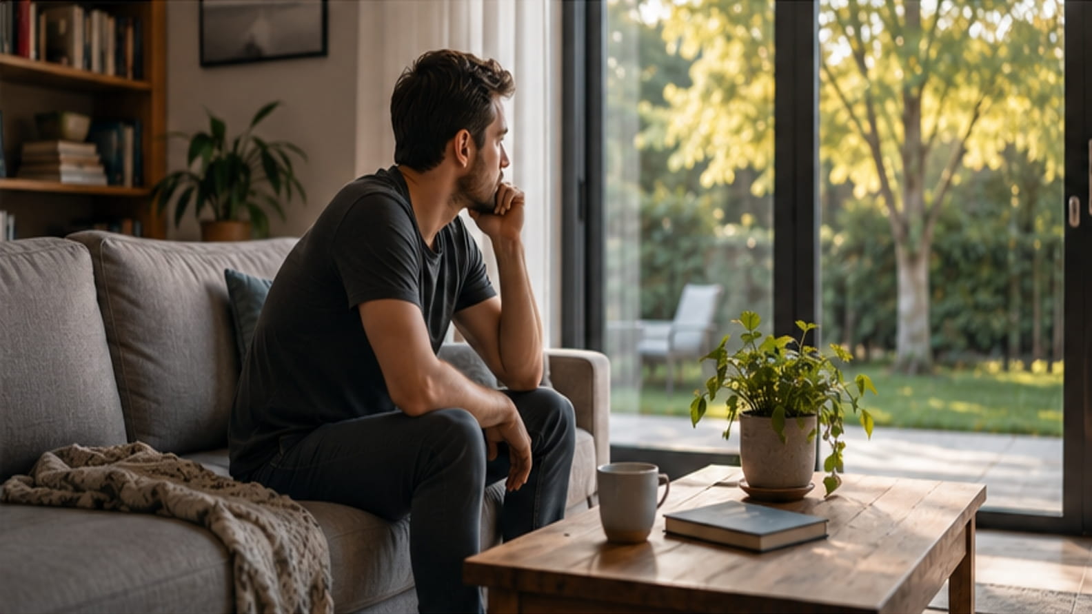 Adult man sitting alone on a sofa looking into a sunlit garden, appearing withdrawn and thoughtful.