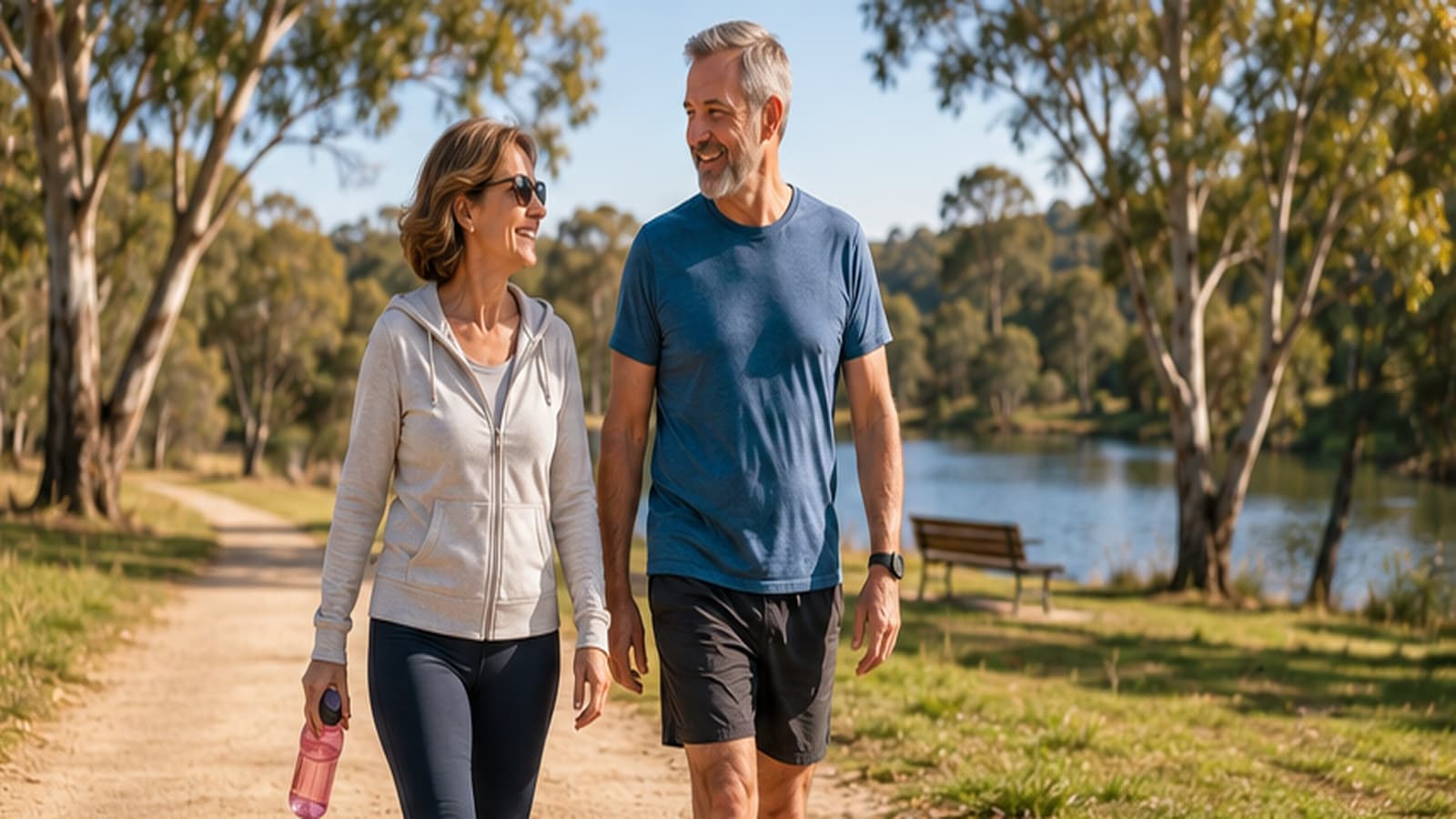 Middle-aged Australian couple walking together beside a lake in a sunny park.