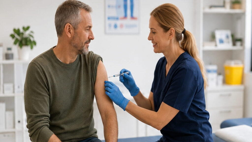 Adult receiving a vaccination from a nurse in a bright modern medical clinic.