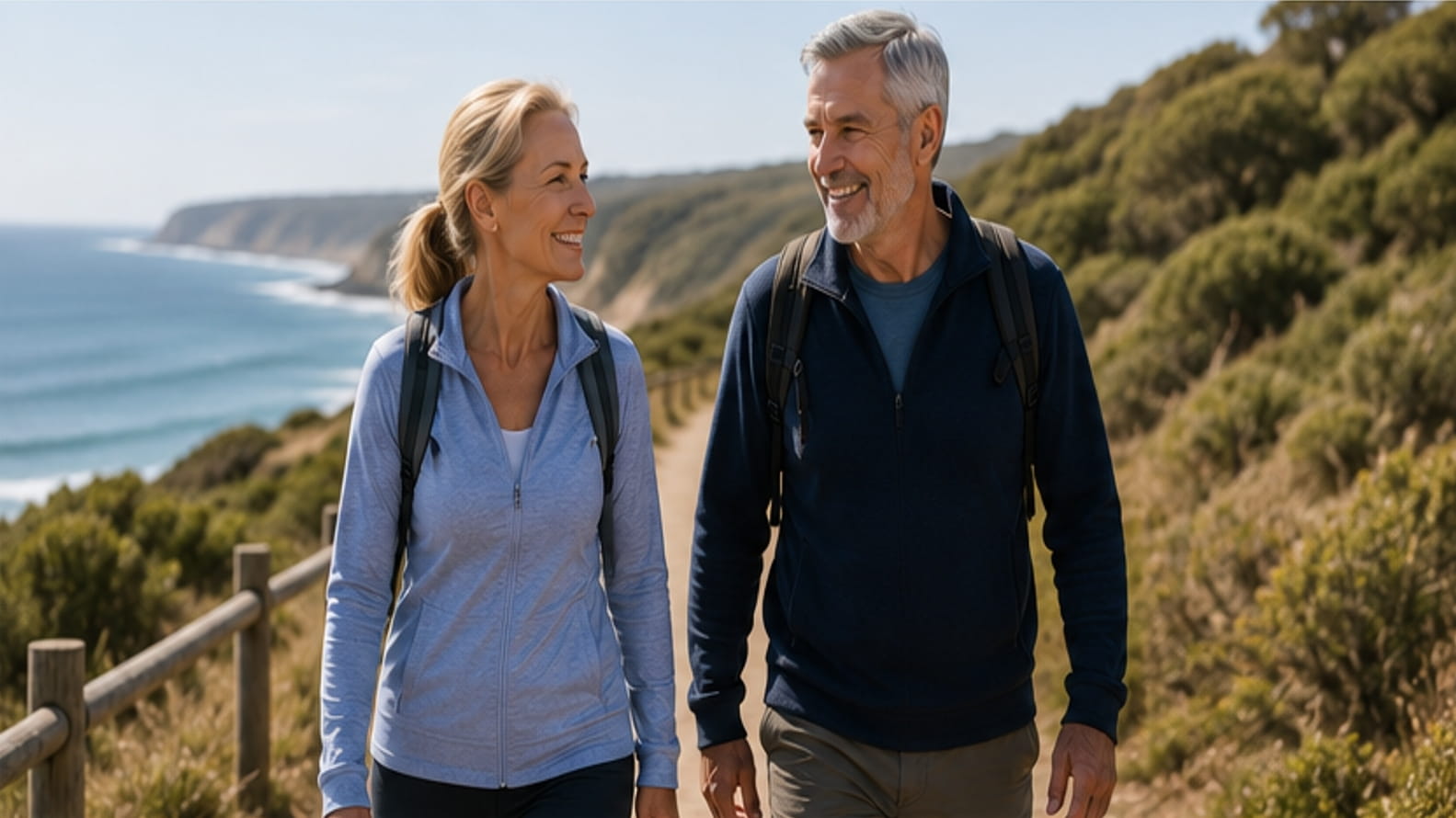 Active older Australian couple walking together on a coastal track in clear daylight.