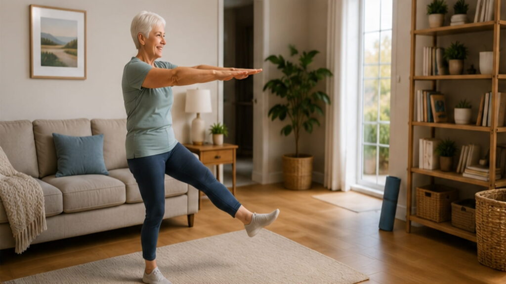 Older woman practising a controlled balance exercise in a bright, uncluttered living room.
