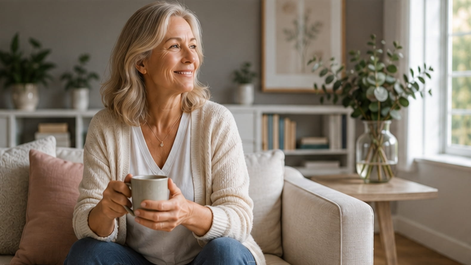 Middle-aged woman relaxing at home with a warm drink in natural daylight.