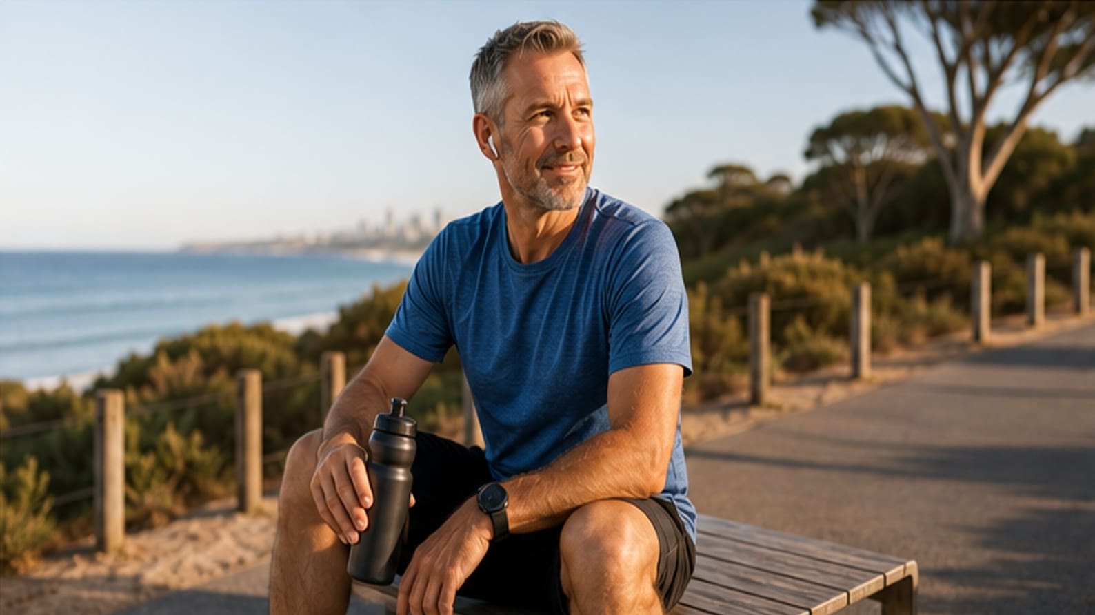Middle-aged man resting after exercise beside a coastal walking path in warm morning light.