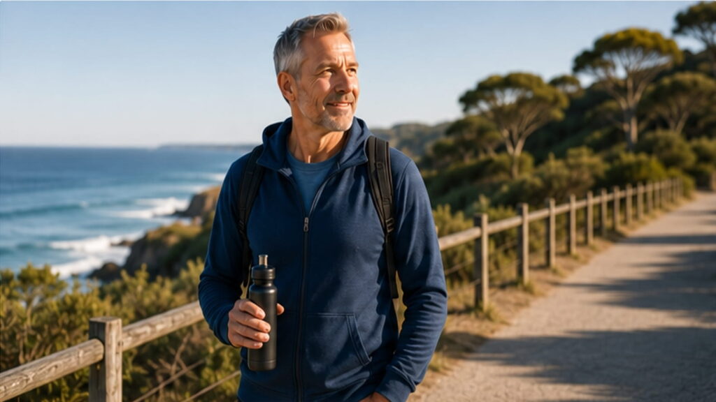 Active middle-aged man walking on a coastal path in bright natural light.