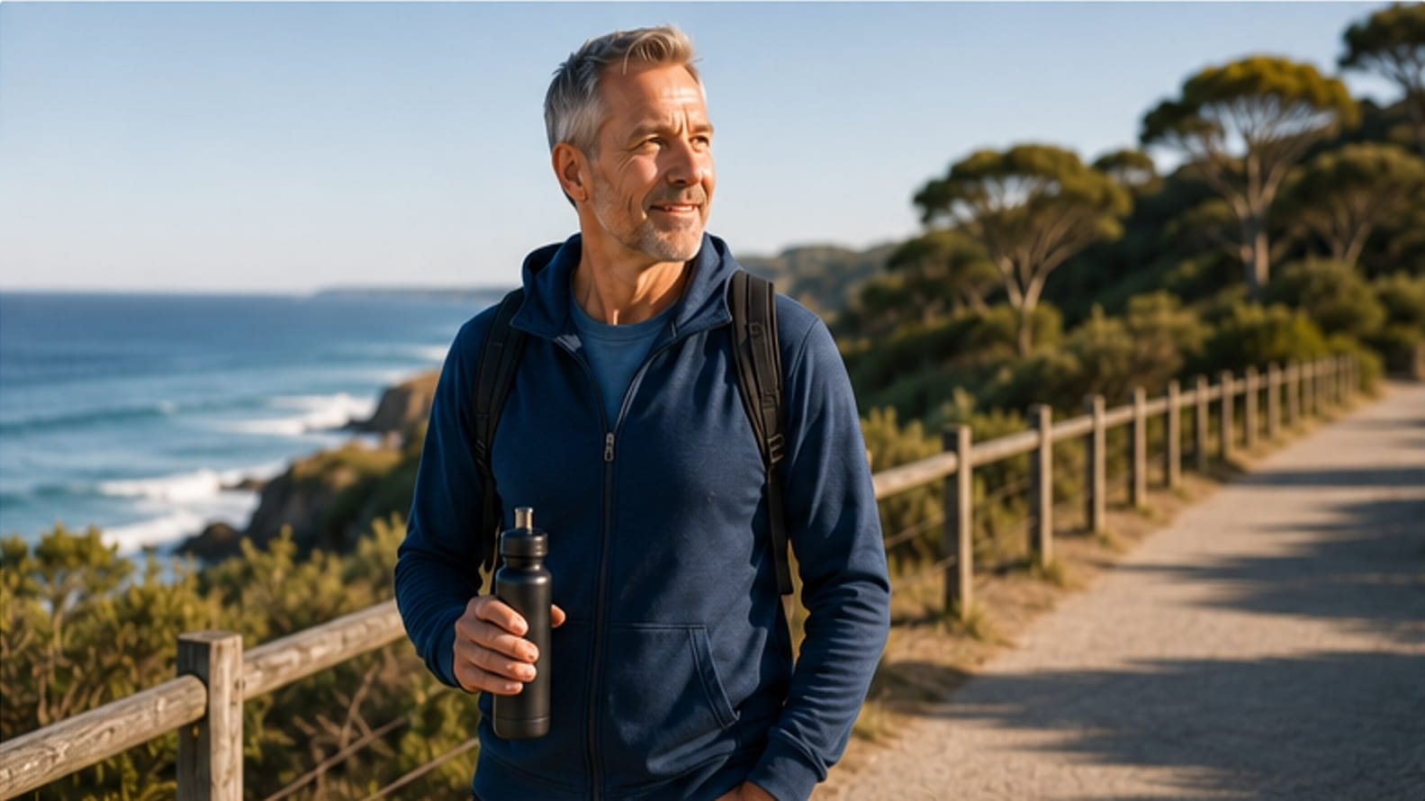 Active middle-aged man walking on a coastal path in bright natural light.