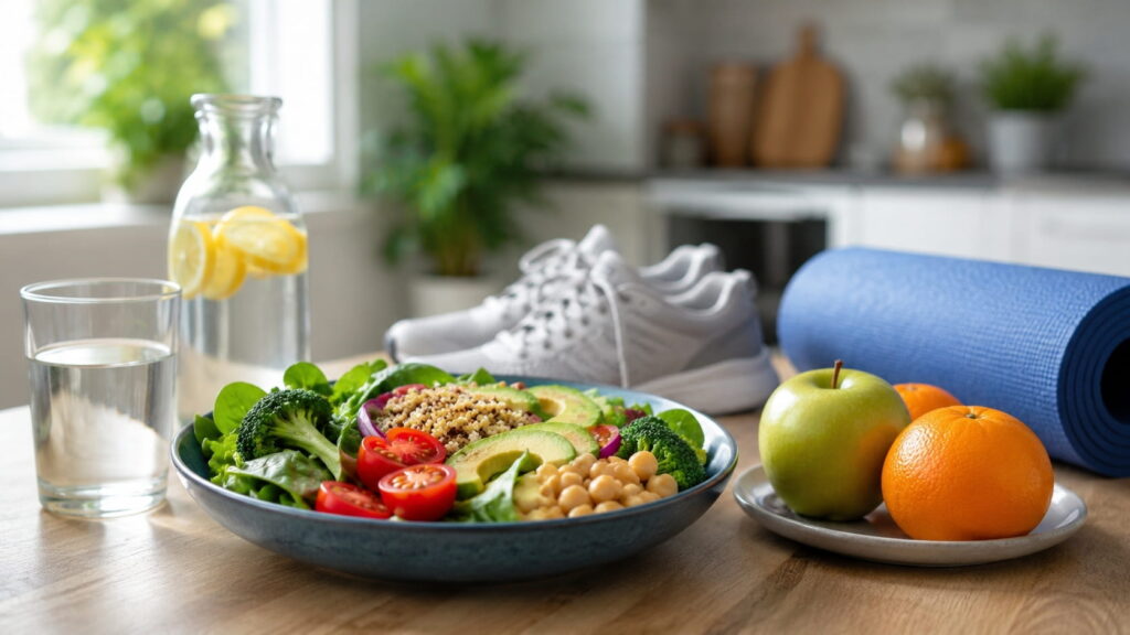 Healthy meal, water and exercise shoes representing practical lifestyle changes for reducing type 2 diabetes risk.