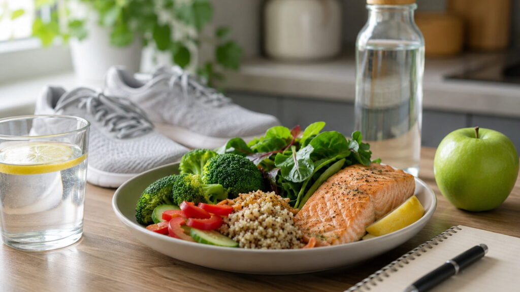 Healthy balanced meal with water and exercise shoes, representing lifestyle measures that support metabolic and liver health.