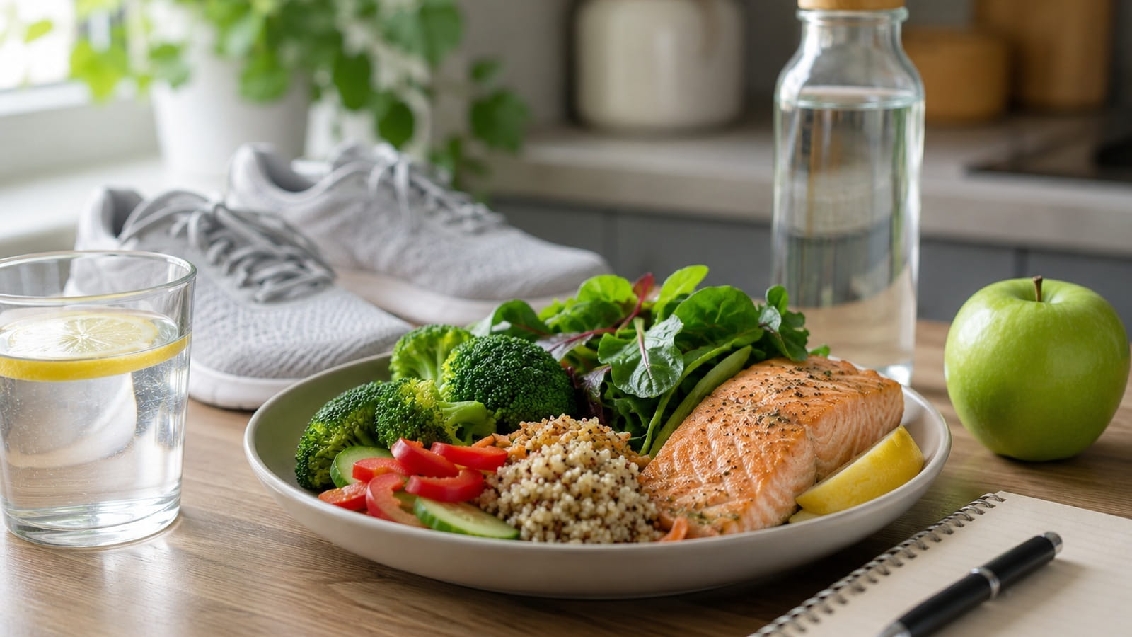 Healthy balanced meal with water and exercise shoes, representing lifestyle measures that support metabolic and liver health.