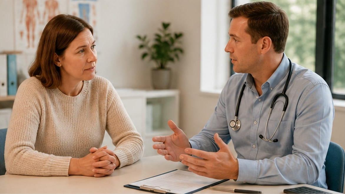 GP discussing thyroid blood test results with an adult patient in a bright consulting room.