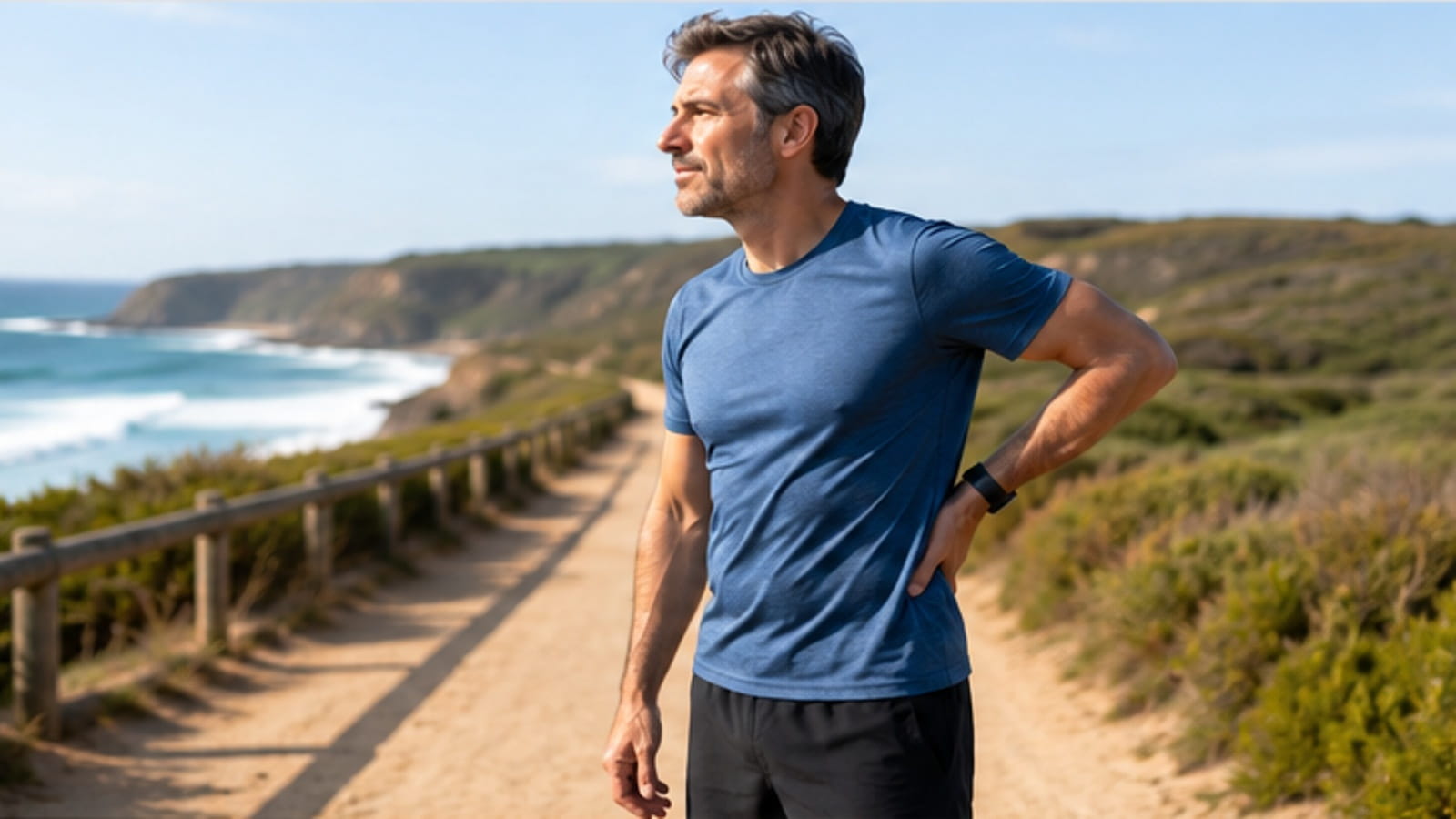 Middle-aged man on an Australian coastal walking path holding his lower back.
