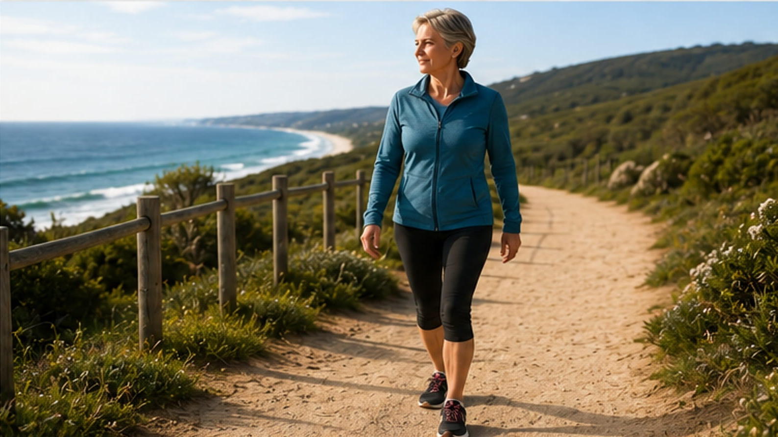 Active older woman walking on an Australian coastal path in morning light.