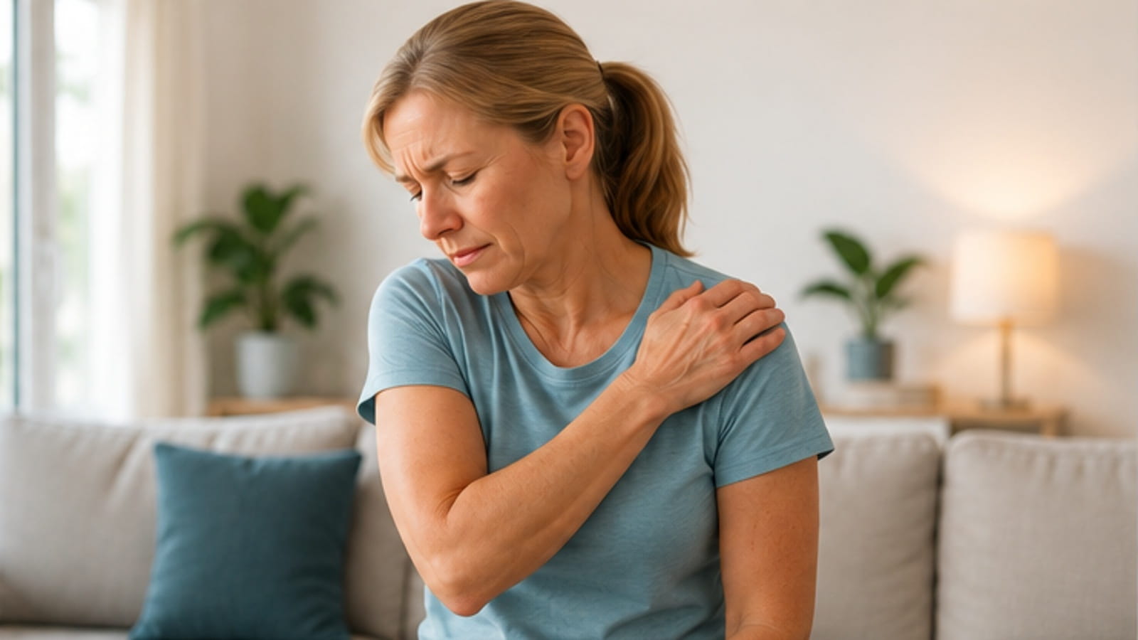 Middle-aged woman outdoors holding her shoulder in discomfort.