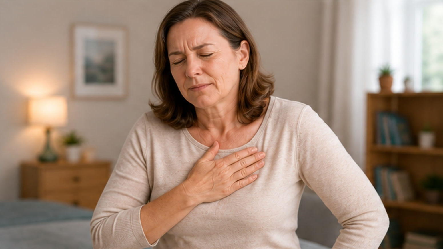Middle-aged woman at home holding her upper chest with discomfort consistent with heartburn.