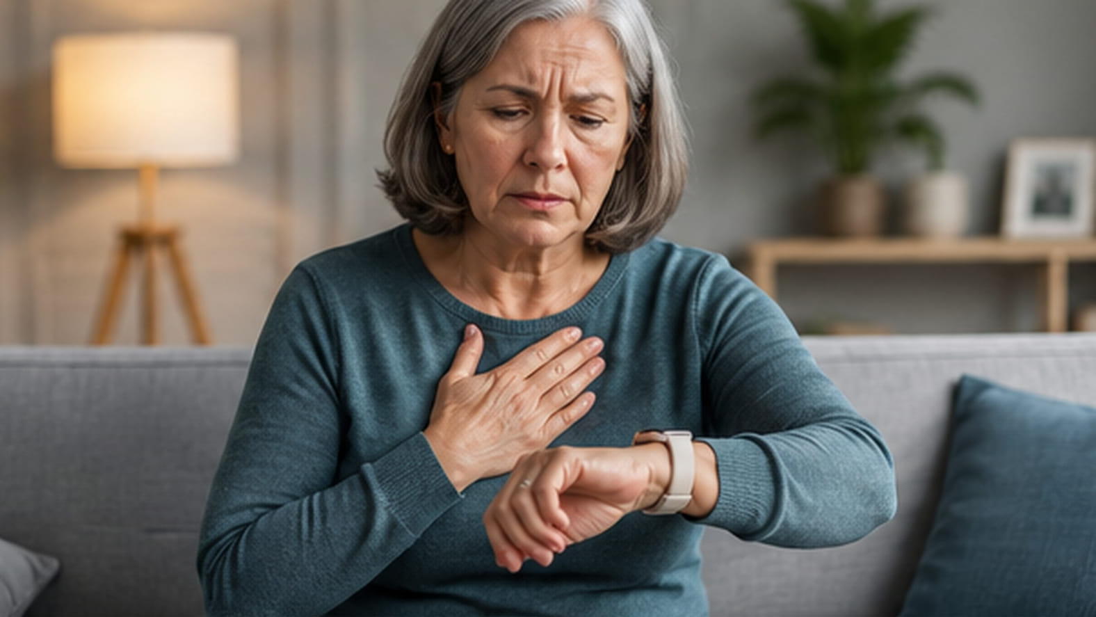 Middle-aged woman seated at home checking her smartwatch while noticing her heartbeat.