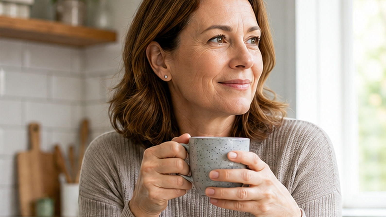 Middle-aged woman holding a mug in a bright home kitchen, representing everyday habits and wellbeing relevant to bowel health.