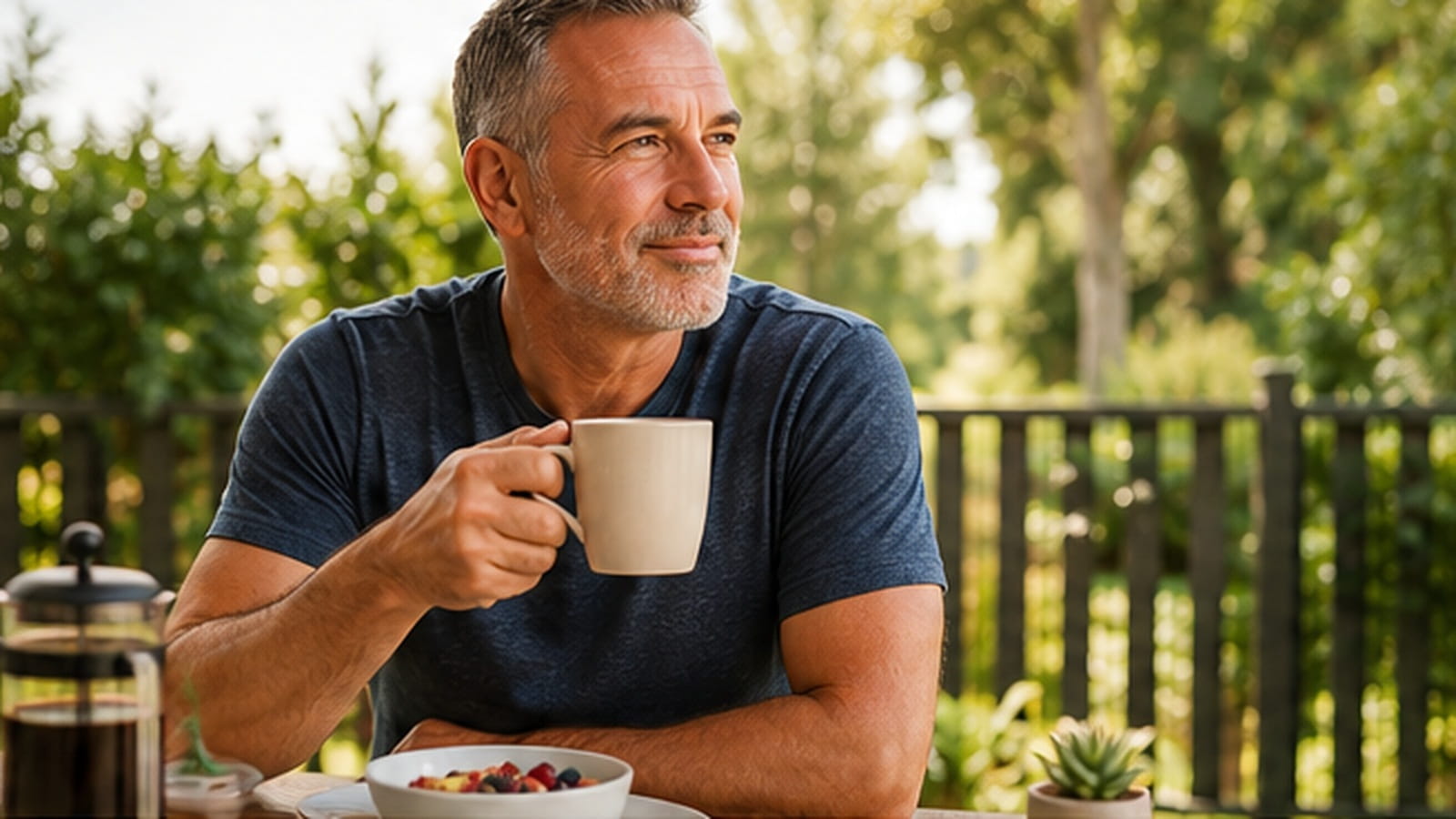 Middle-aged man having breakfast outdoors in warm morning light, representing healthy adults eligible for preventive screening.
