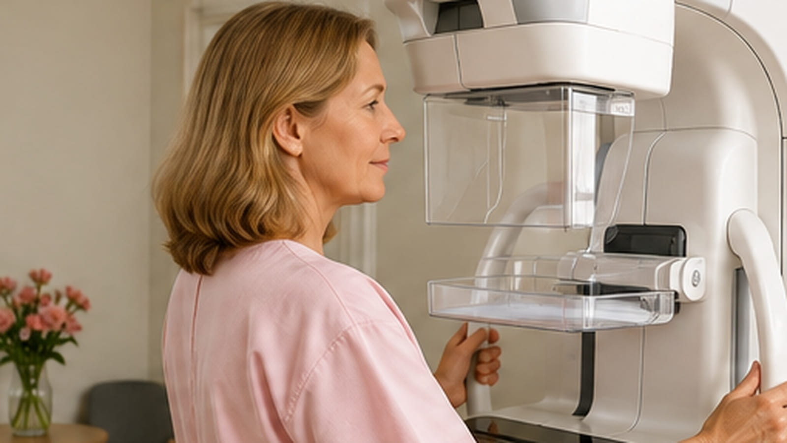 Woman in her 50s beside a mammography machine in a bright modern screening room.