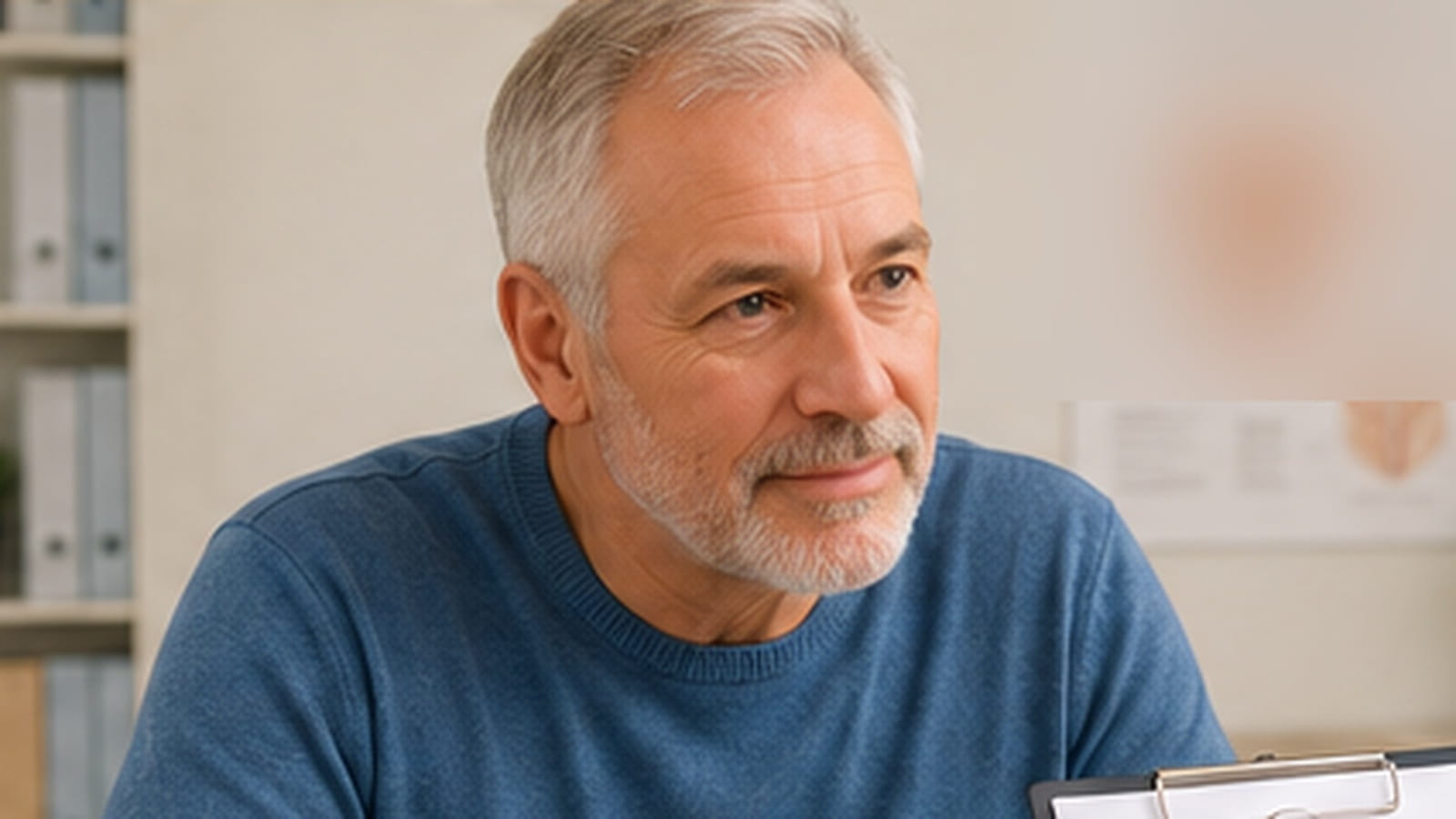 Middle-aged man in a calm indoor setting during a prostate health discussion, photographed in natural light.