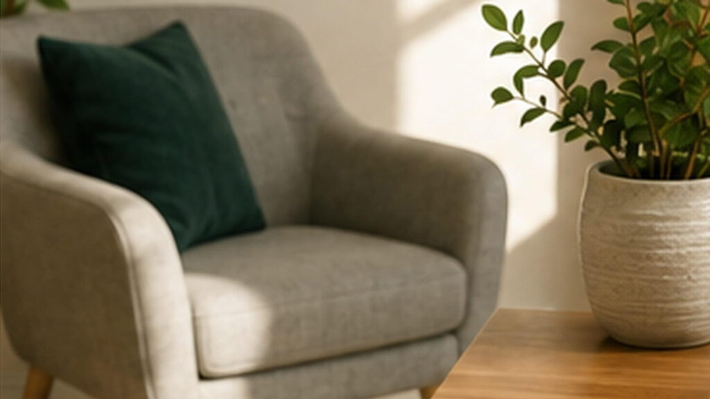 Warm, softly lit consultation space with an armchair, indoor plant and wooden table.
